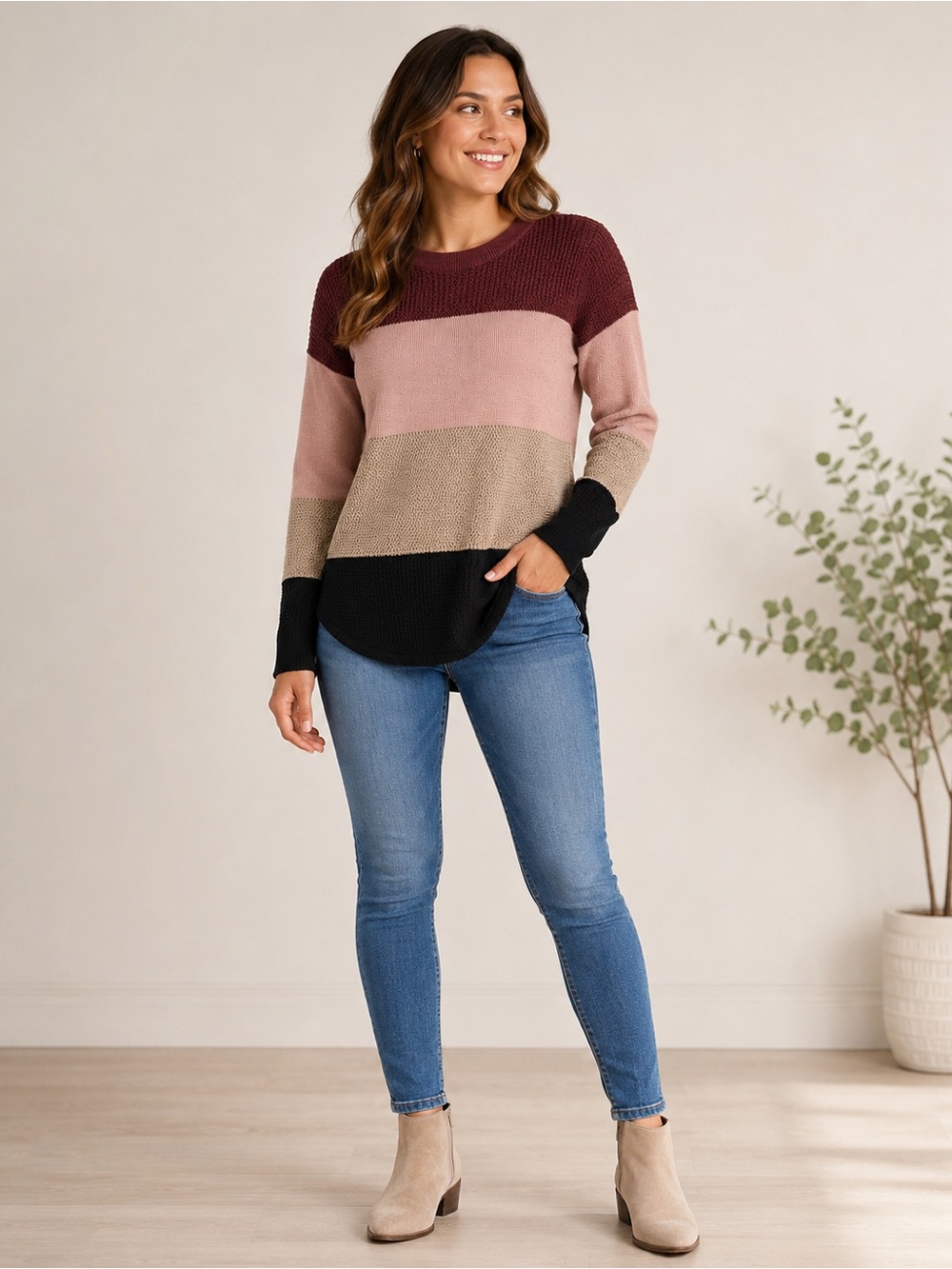 Kismet Striped Crewneck Sweater - Burgundy, Pink, Taupe, Black